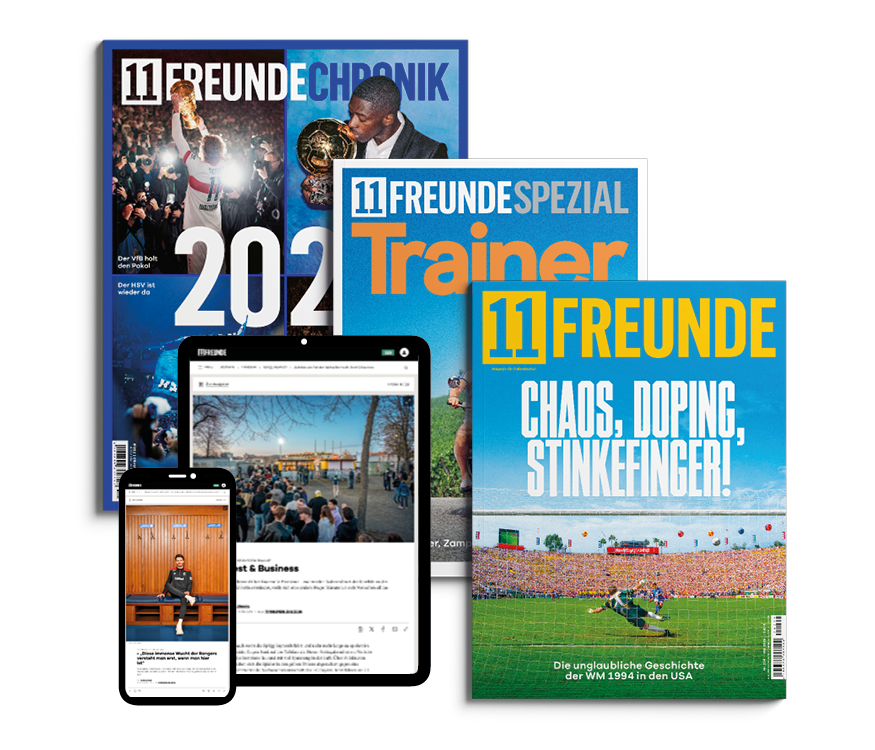 11 Freunde Chronik, 11 Freunde Spezial, aktuelles 11 Freunde Heft, Tablet und Smartphone mit Beispielartikeln