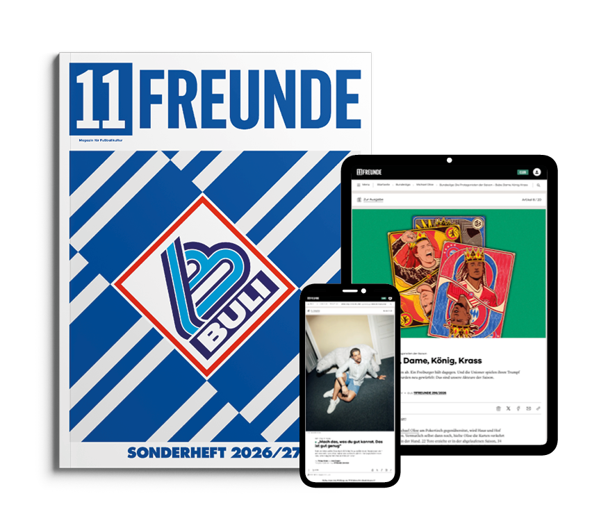 11 Freunde Chronik, 11 Freunde Spezial, aktuelles 11 Freunde Heft, Tablet und Smartphone mit Beispielartikeln